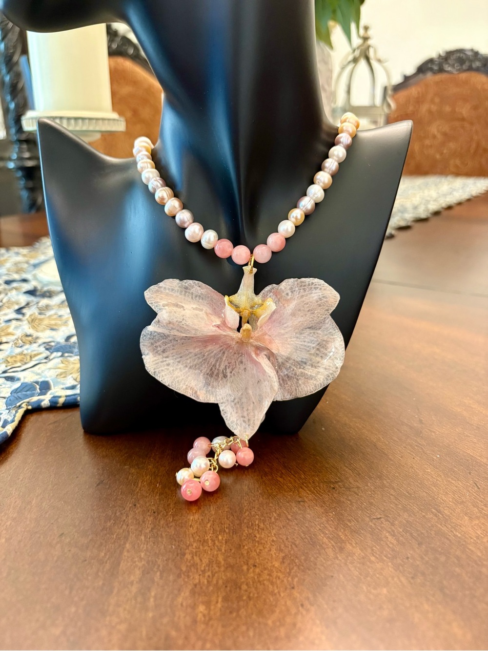 Delicate Pink Pearl and Orchid Pendant Necklace